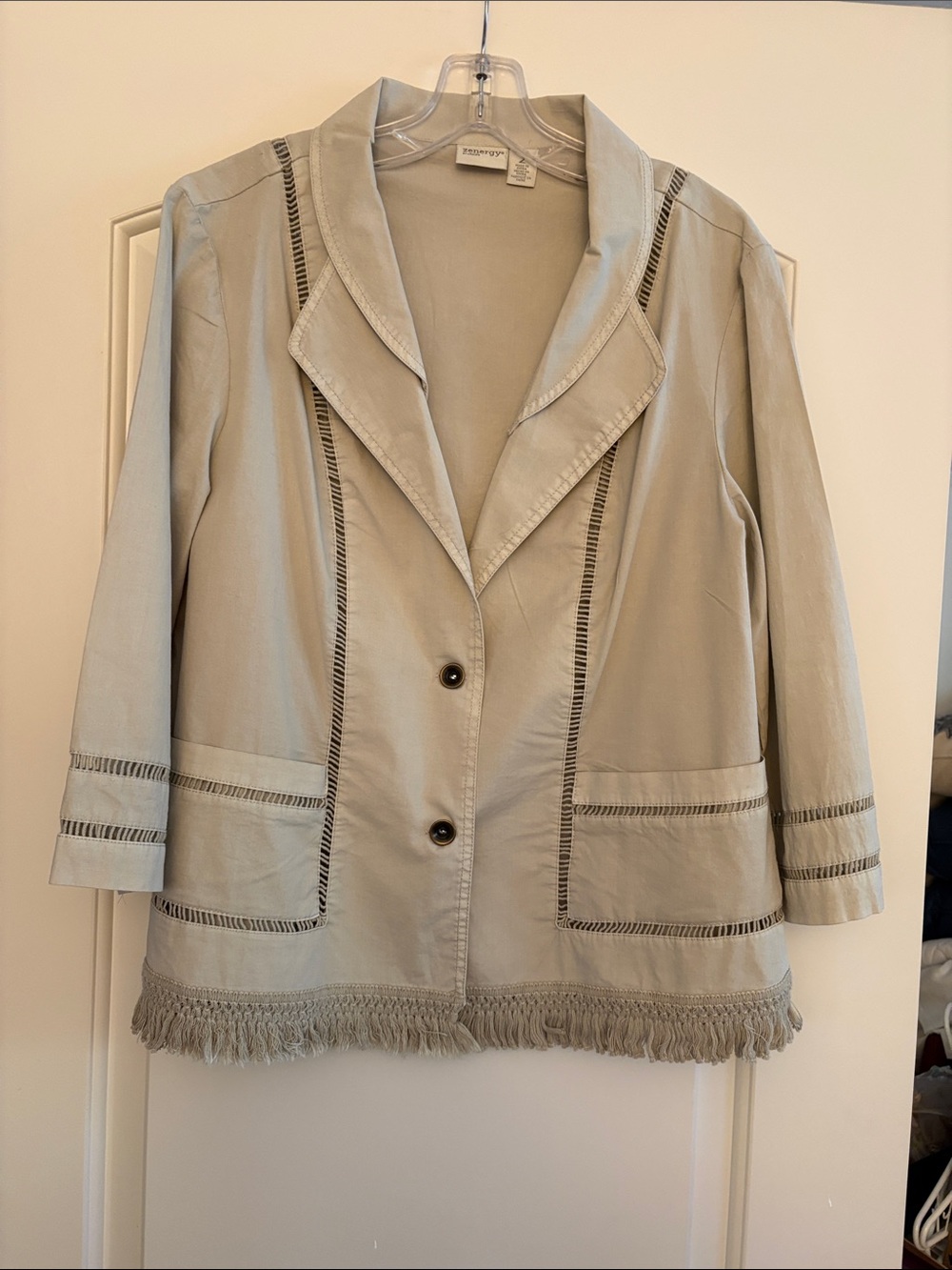 Christopher & Banks Taupe Fringe-Trim Open Blazer